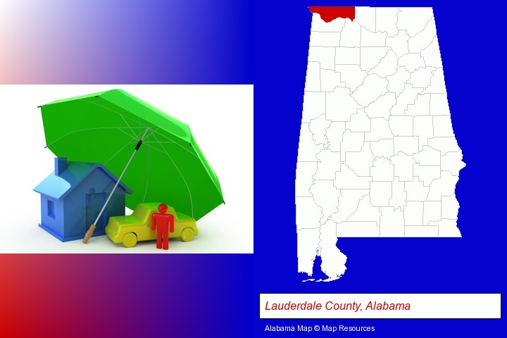 types of insurance; Lauderdale County, Alabama highlighted in red on a map