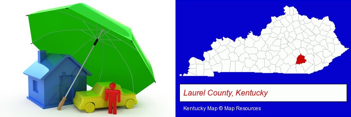 types of insurance; Laurel County, Kentucky highlighted in red on a map
