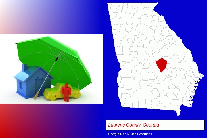 types of insurance; Laurens County, Georgia highlighted in red on a map