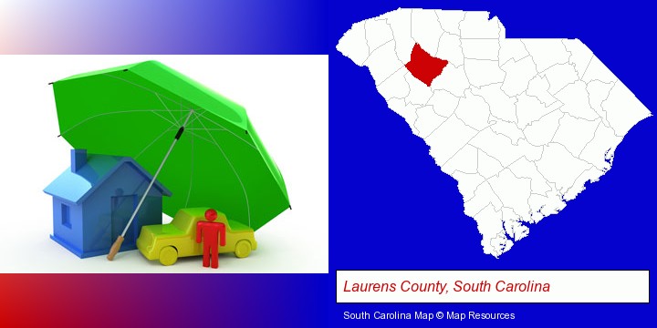 types of insurance; Laurens County, South Carolina highlighted in red on a map
