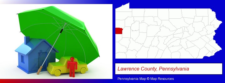 types of insurance; Lawrence County, Pennsylvania highlighted in red on a map