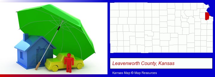 types of insurance; Leavenworth County, Kansas highlighted in red on a map