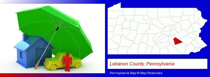types of insurance; Lebanon County, Pennsylvania highlighted in red on a map