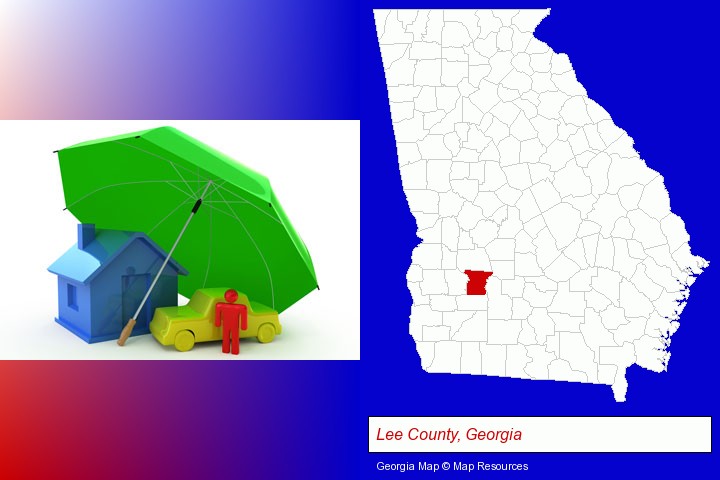 types of insurance; Lee County, Georgia highlighted in red on a map
