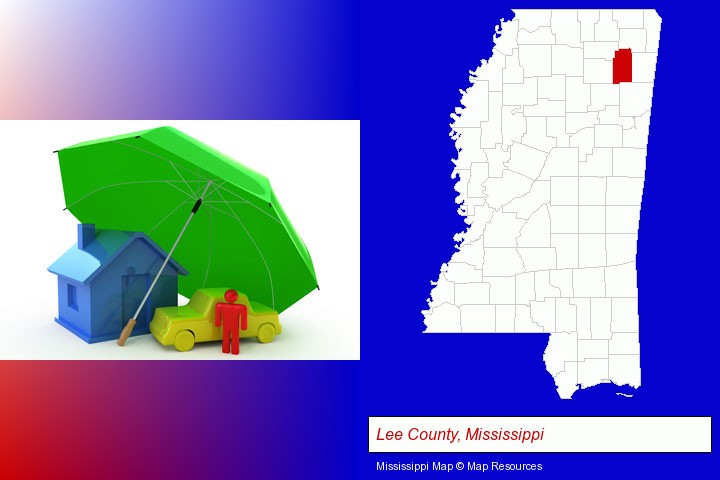 types of insurance; Lee County, Mississippi highlighted in red on a map