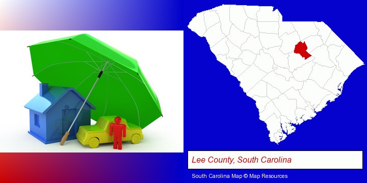 types of insurance; Lee County, South Carolina highlighted in red on a map