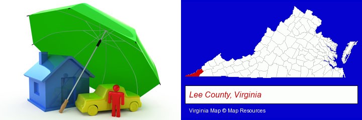 types of insurance; Lee County, Virginia highlighted in red on a map