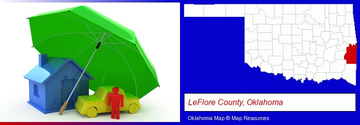 types of insurance; LeFlore County, Oklahoma highlighted in red on a map