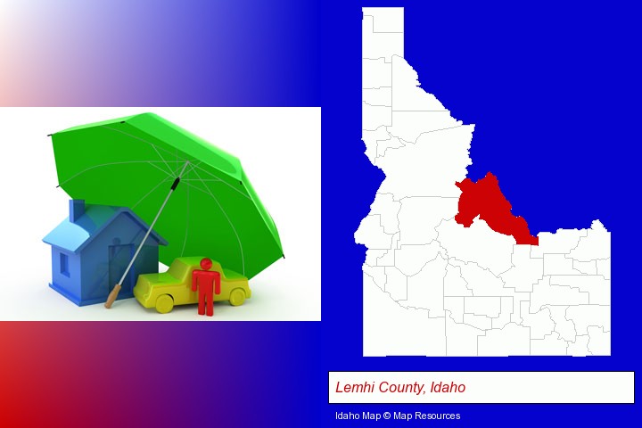 types of insurance; Lemhi County, Idaho highlighted in red on a map