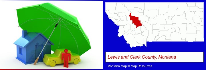 types of insurance; Lewis and Clark County, Montana highlighted in red on a map