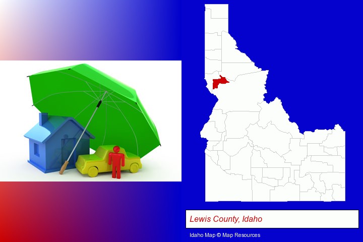 types of insurance; Lewis County, Idaho highlighted in red on a map