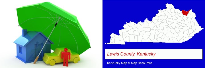 types of insurance; Lewis County, Kentucky highlighted in red on a map