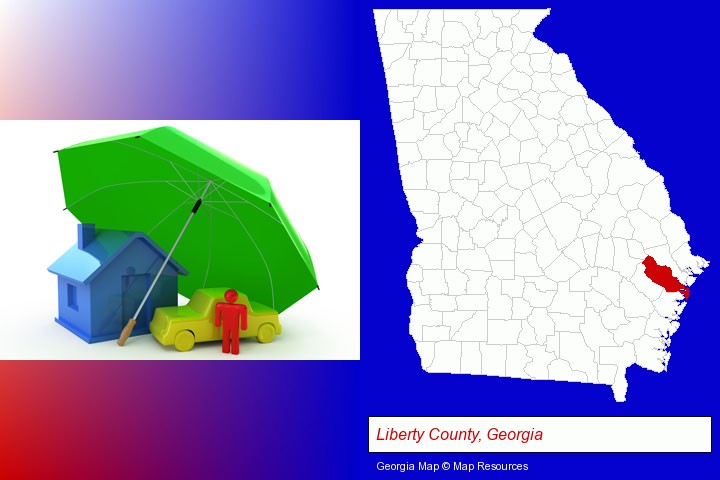 types of insurance; Liberty County, Georgia highlighted in red on a map