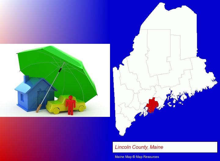 types of insurance; Lincoln County, Maine highlighted in red on a map
