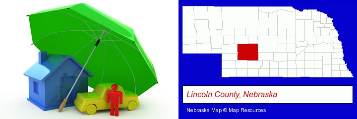 types of insurance; Lincoln County, Nebraska highlighted in red on a map