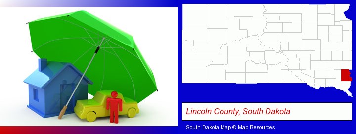 types of insurance; Lincoln County, South Dakota highlighted in red on a map