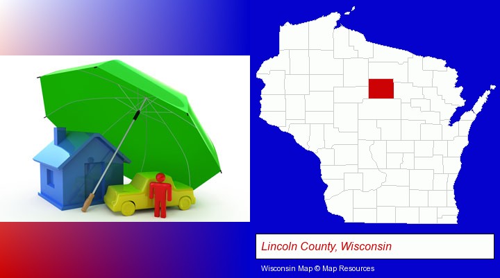 types of insurance; Lincoln County, Wisconsin highlighted in red on a map