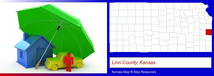 types of insurance; Linn County, Kansas highlighted in red on a map