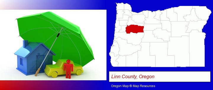 types of insurance; Linn County, Oregon highlighted in red on a map