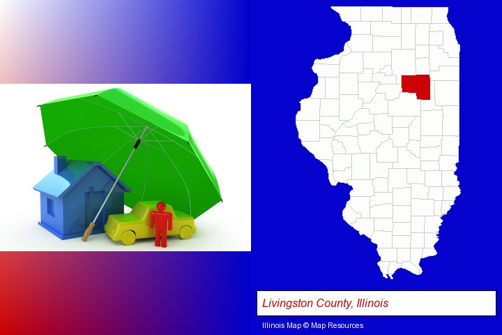 types of insurance; Livingston County, Illinois highlighted in red on a map