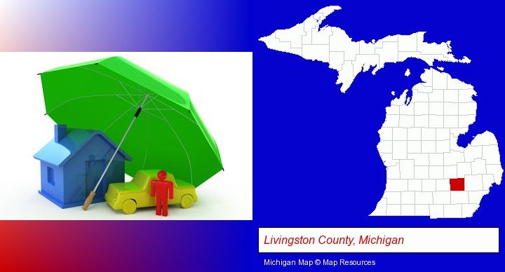 types of insurance; Livingston County, Michigan highlighted in red on a map