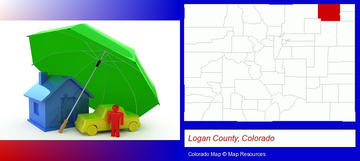 types of insurance; Logan County, Colorado highlighted in red on a map