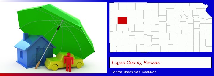 types of insurance; Logan County, Kansas highlighted in red on a map