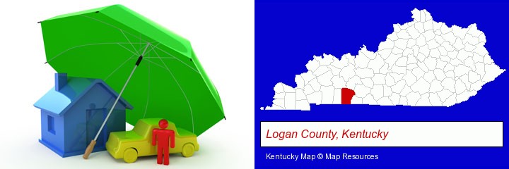 types of insurance; Logan County, Kentucky highlighted in red on a map