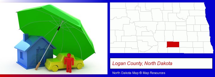 types of insurance; Logan County, North Dakota highlighted in red on a map