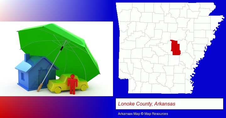 types of insurance; Lonoke County, Arkansas highlighted in red on a map