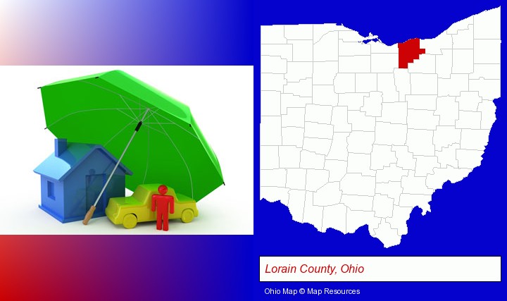 types of insurance; Lorain County, Ohio highlighted in red on a map