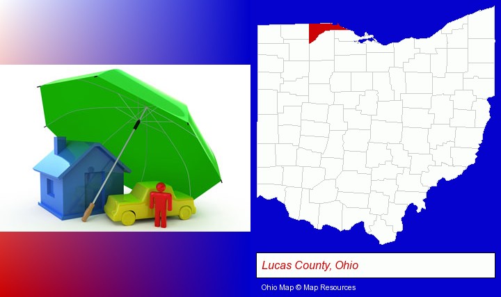 types of insurance; Lucas County, Ohio highlighted in red on a map