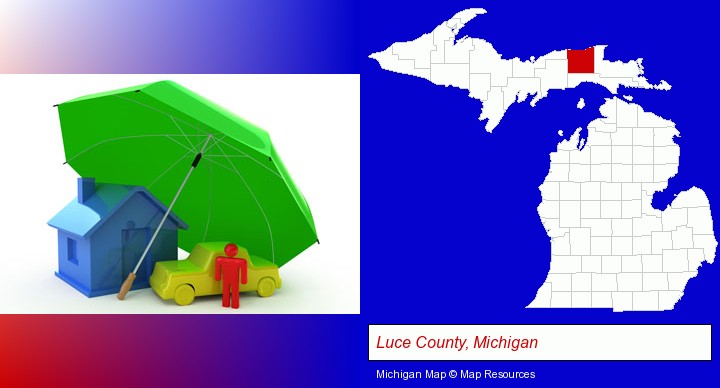 types of insurance; Luce County, Michigan highlighted in red on a map