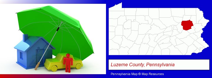types of insurance; Luzerne County, Pennsylvania highlighted in red on a map
