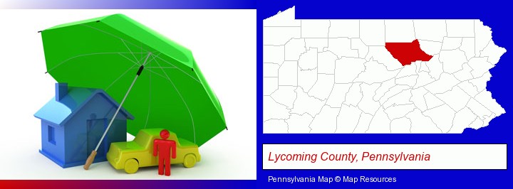 types of insurance; Lycoming County, Pennsylvania highlighted in red on a map