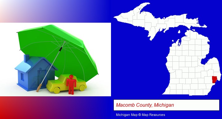types of insurance; Macomb County, Michigan highlighted in red on a map