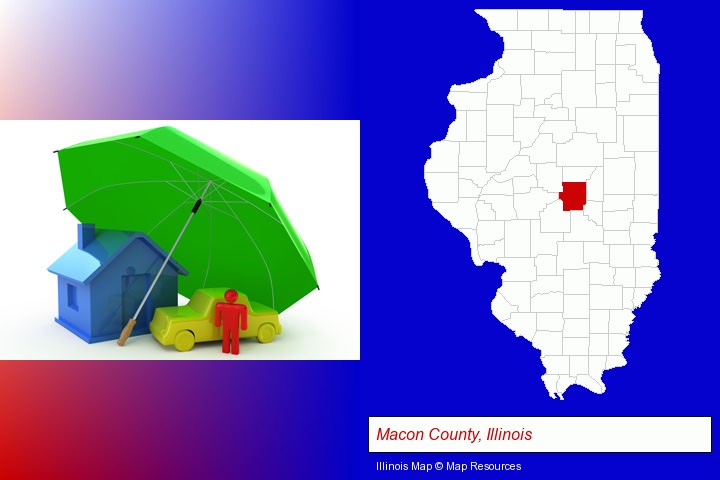 types of insurance; Macon County, Illinois highlighted in red on a map