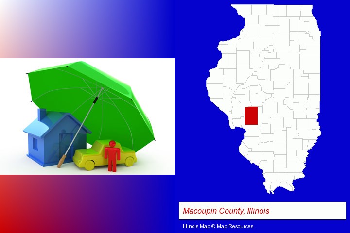types of insurance; Macoupin County, Illinois highlighted in red on a map