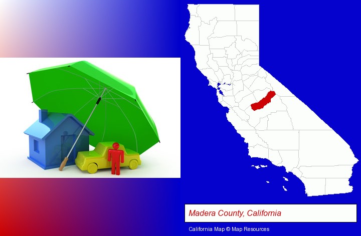 types of insurance; Madera County, California highlighted in red on a map