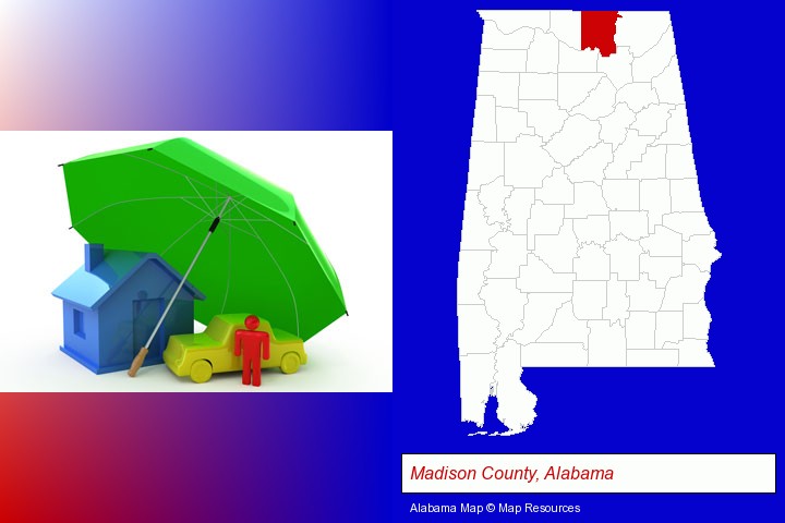 types of insurance; Madison County, Alabama highlighted in red on a map