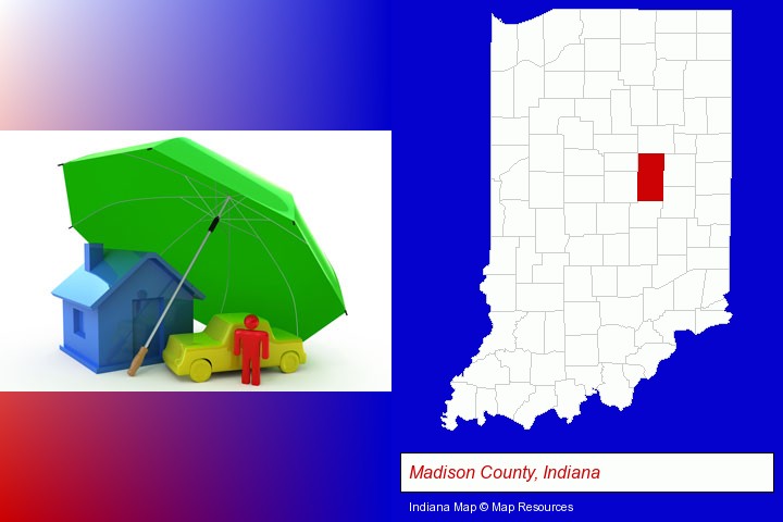 types of insurance; Madison County, Indiana highlighted in red on a map
