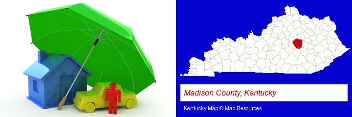 types of insurance; Madison County, Kentucky highlighted in red on a map