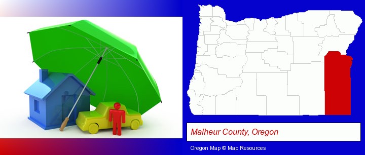types of insurance; Malheur County, Oregon highlighted in red on a map