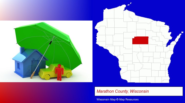 types of insurance; Marathon County, Wisconsin highlighted in red on a map