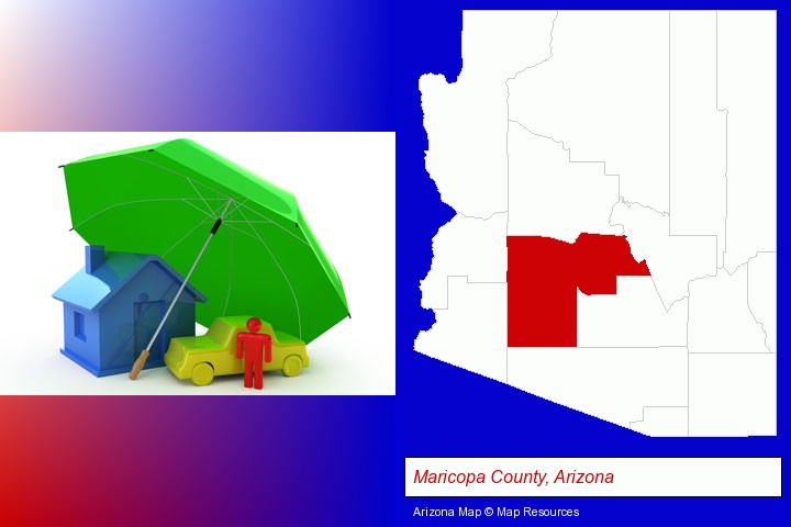 types of insurance; Maricopa County, Arizona highlighted in red on a map