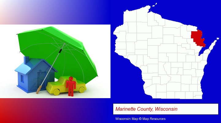 types of insurance; Marinette County, Wisconsin highlighted in red on a map