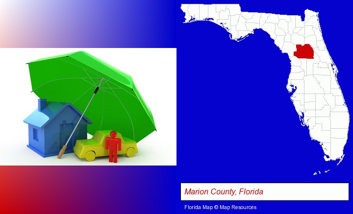 types of insurance; Marion County, Florida highlighted in red on a map