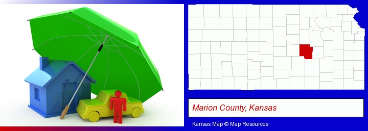 types of insurance; Marion County, Kansas highlighted in red on a map