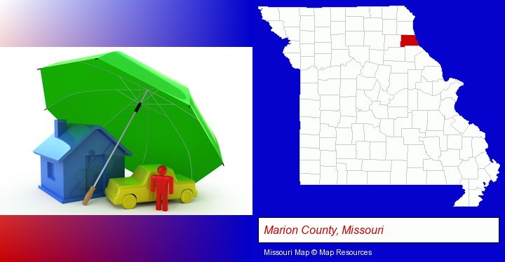 types of insurance; Marion County, Missouri highlighted in red on a map