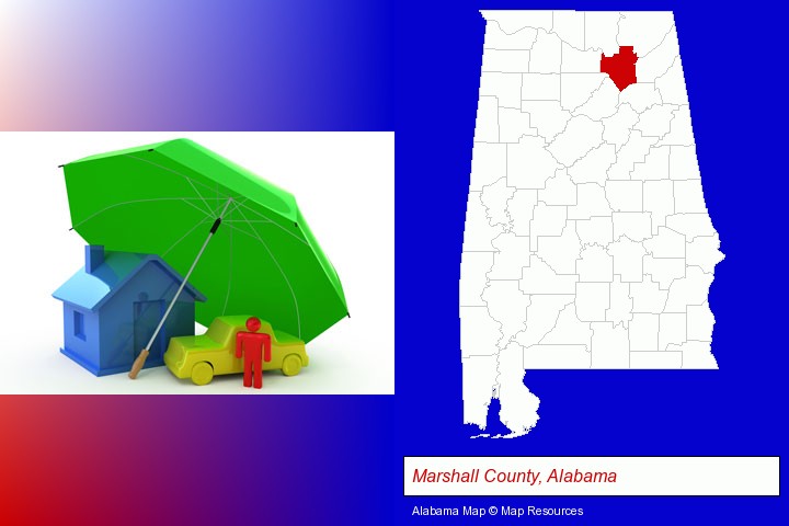 types of insurance; Marshall County, Alabama highlighted in red on a map